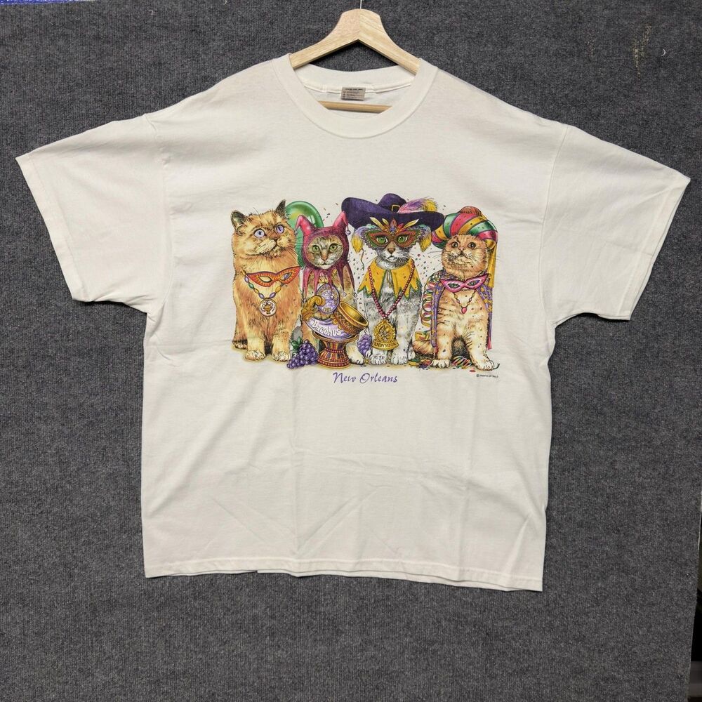 Vintage Mardi Gras Print Of Tails Cats Graphic T Shirt Mens 2XL New Orleans Y2K